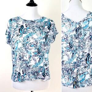 Tahari Size S Linen Slub Knit Tee Button Back Birds Flower Blue White